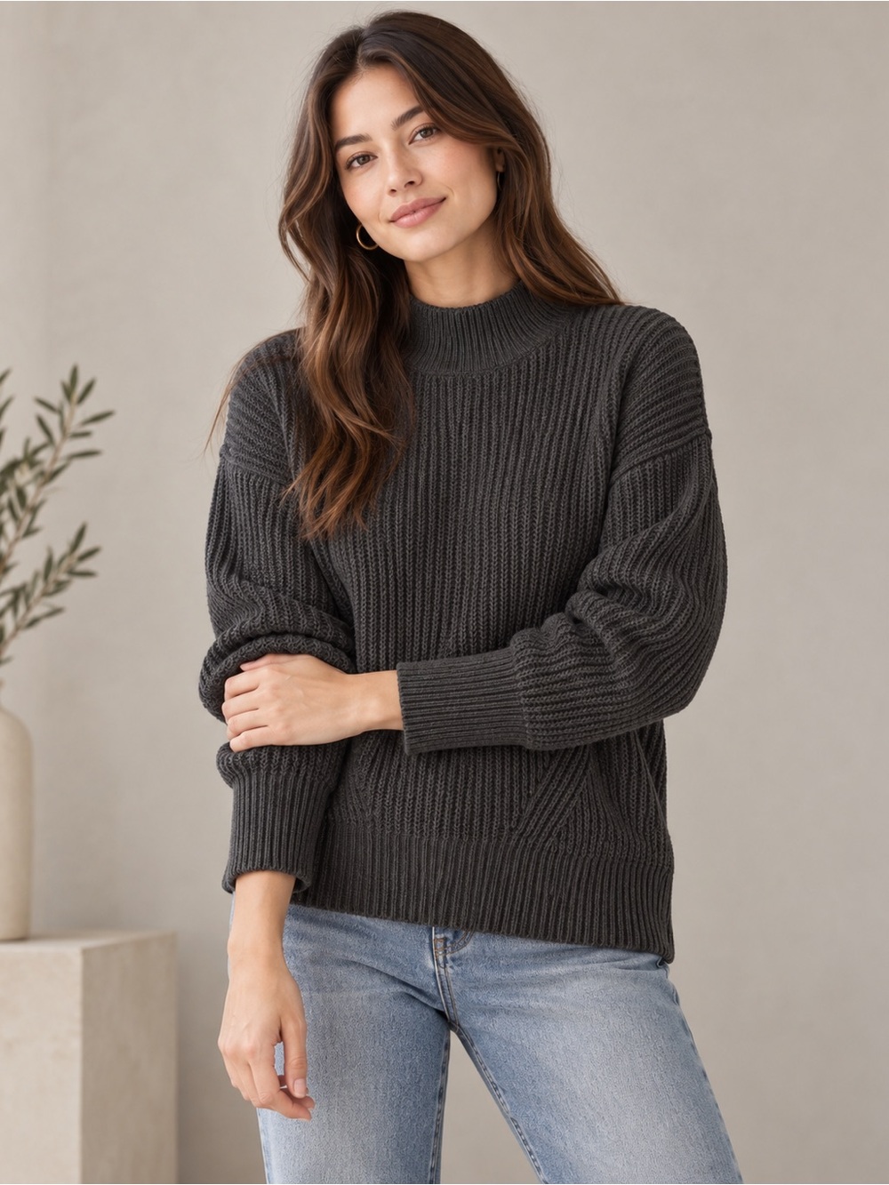 Abercrombie Chenille Ribbed Mock Neck Turtleneck Sweater Small Charcoal Grey